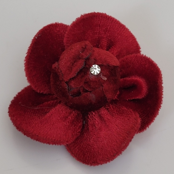 Vintage Red Velour Fabric and Rhinestone Flower Rose Brooch - Picture 1 of 11